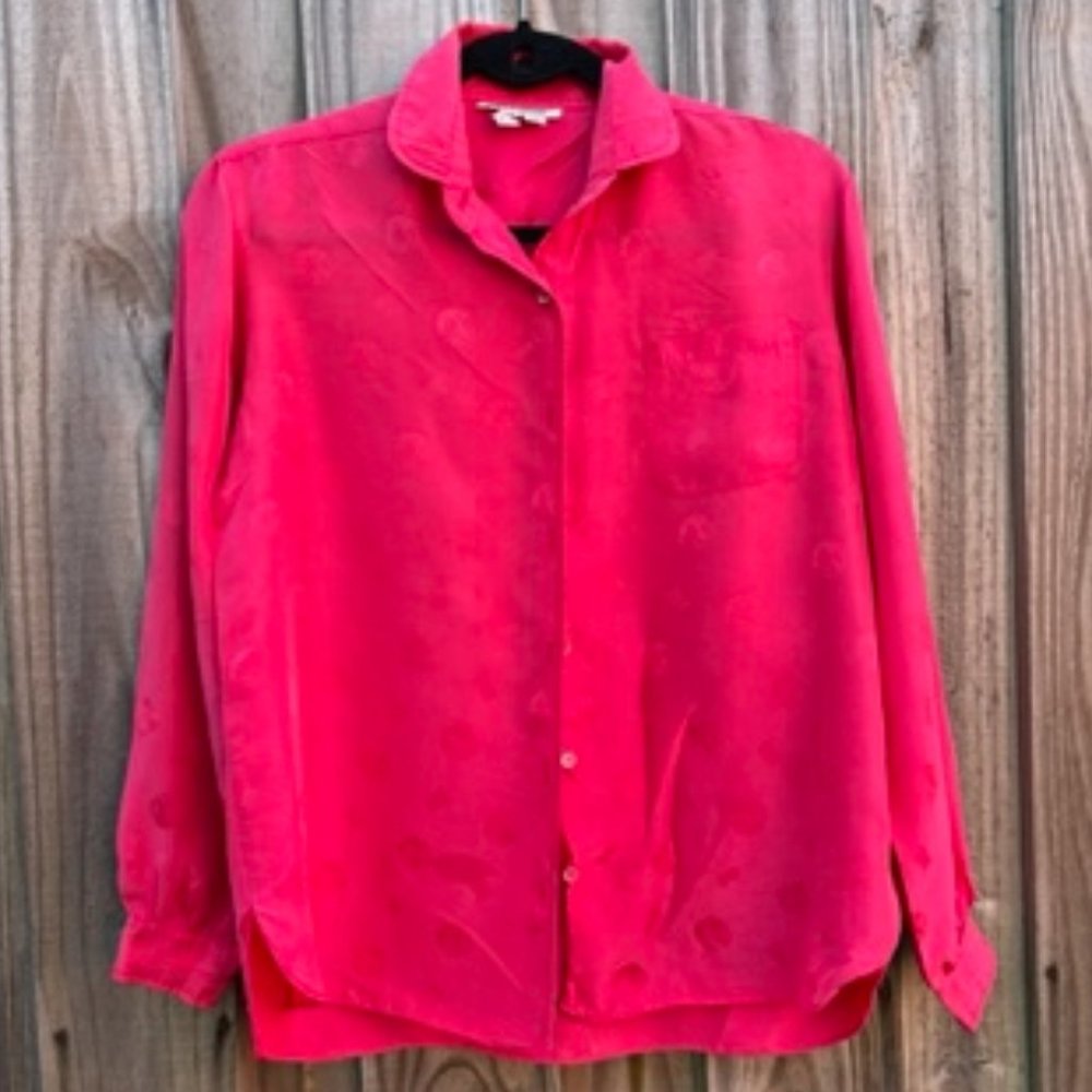 Long sleeve button down collar dress shirt, Color: fuchsia, Size: 12, 100% Silk